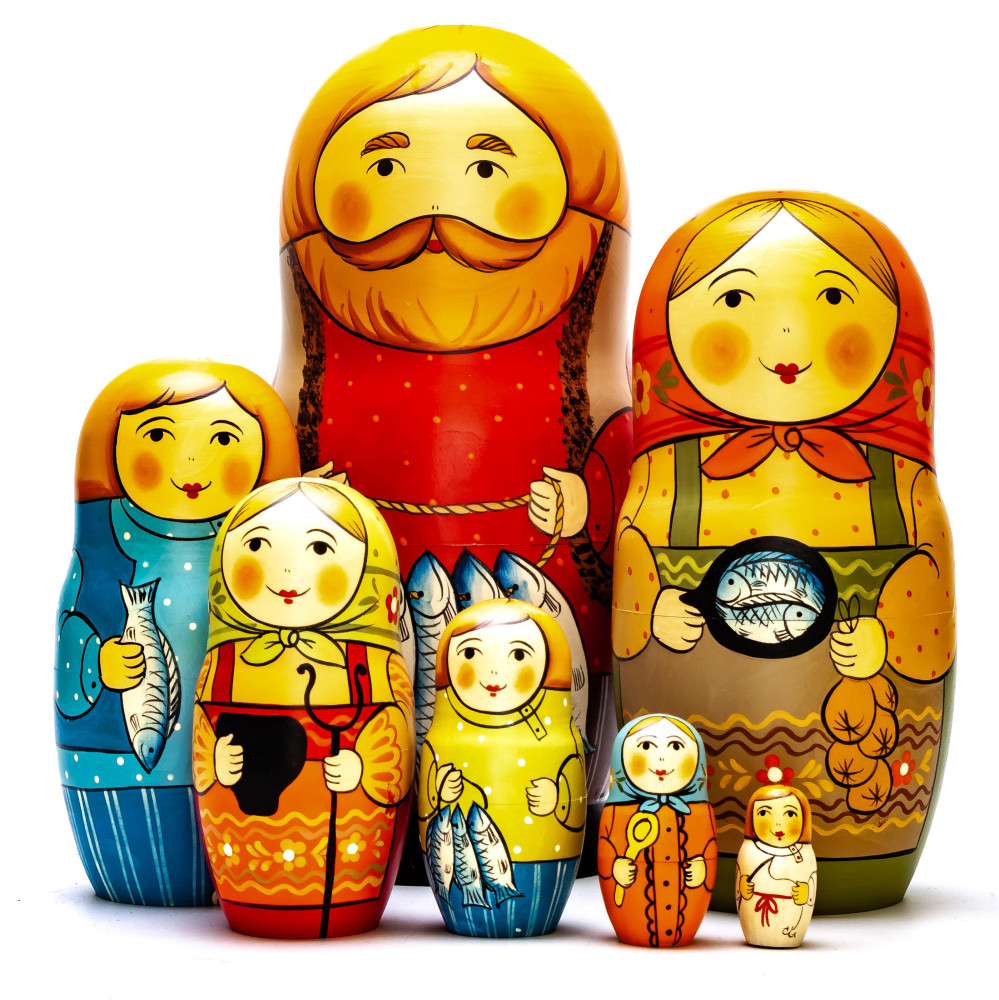 230mm Fishmonger hand painted Traditional Russian Wooden Matryoshka doll 7 pcs (by Igor Malyutin)