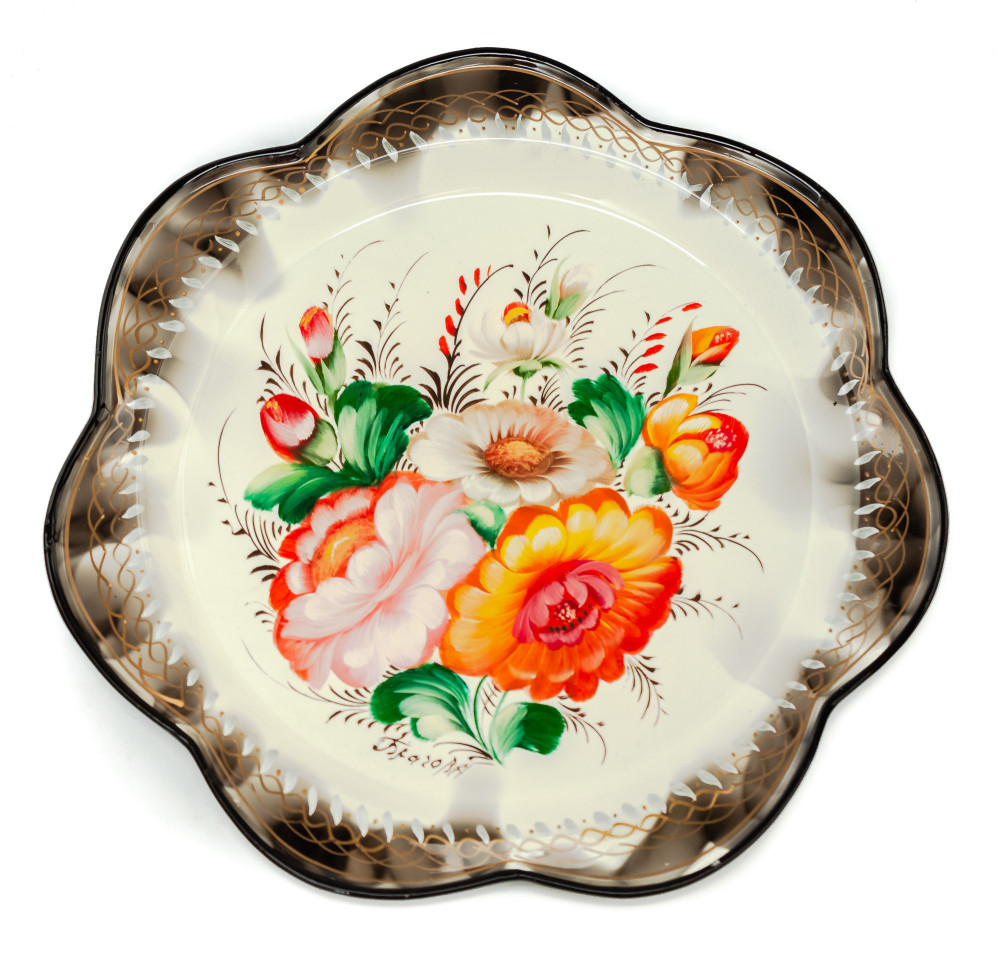 d 220 mm Zhostovo Patterns hand painted and lacquered by Blagova Metal Forged White Tray (by Lada Crafts)