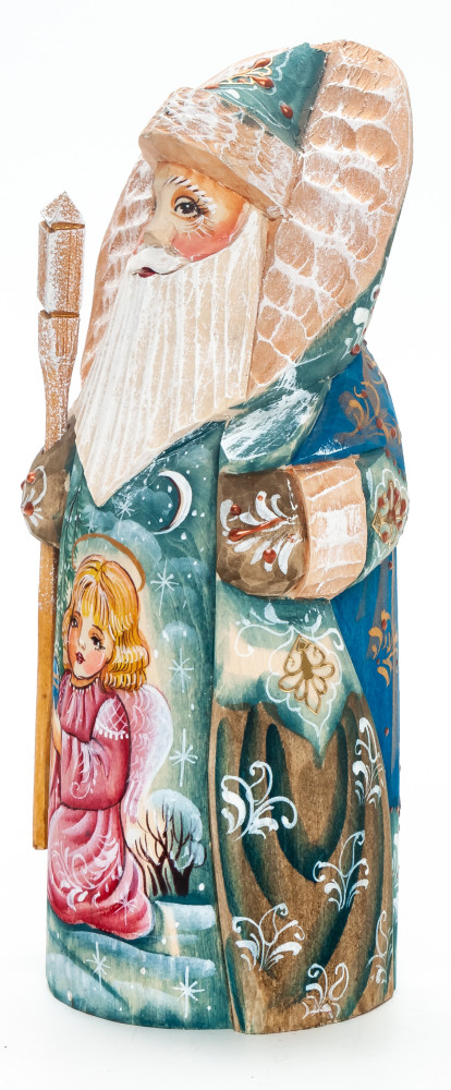 180 mm Santa Claus with a Bag and a Magic Staff with handpainted Girl Wooden Carved Statue (by Igor Carved Wooden Figures Studio)