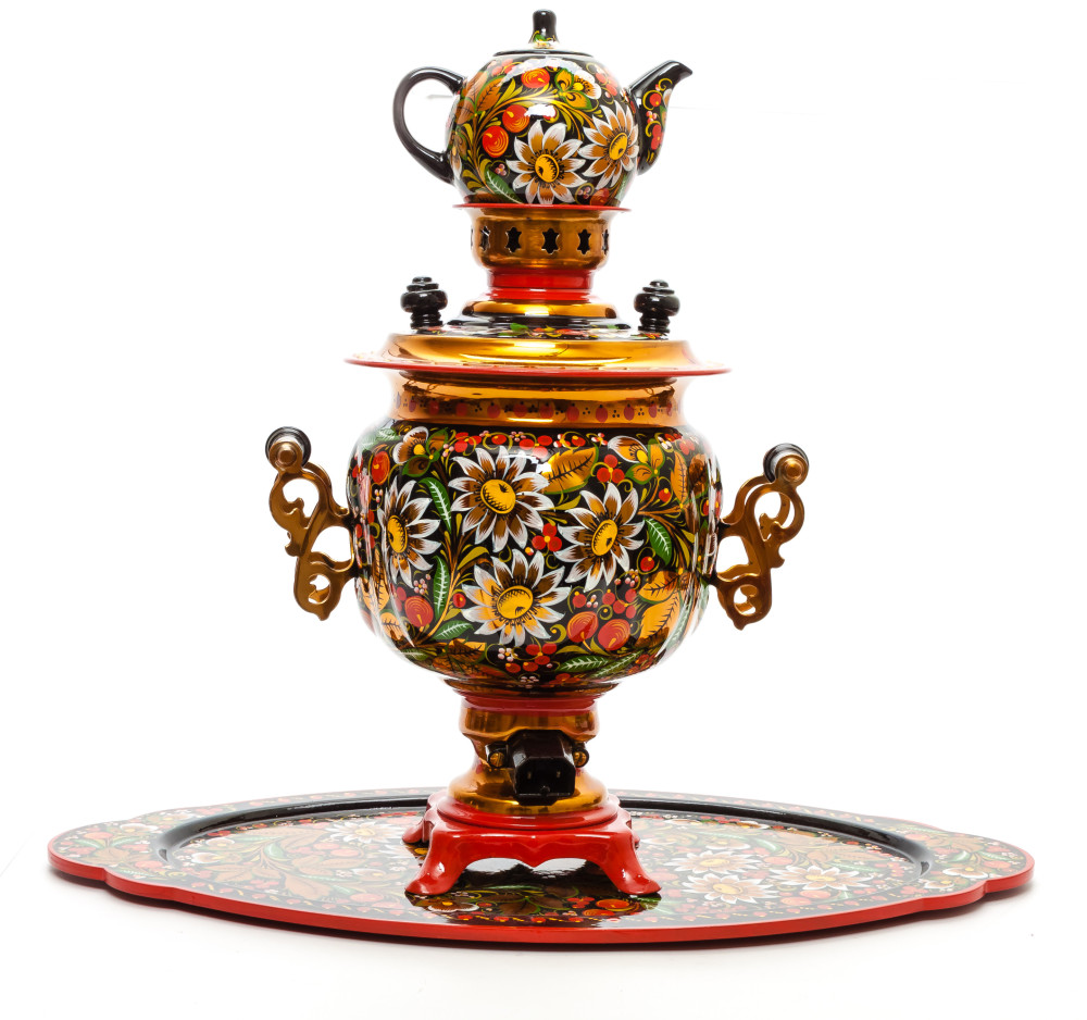 Daisies and Cranberries Hand Painted Electric Samovar Kettle with Teapot and Tray