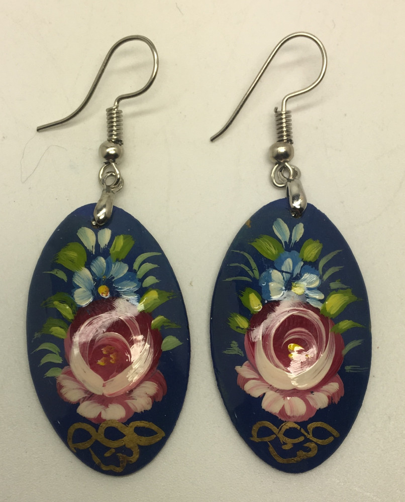 Zhostovo Blue Oval hand painted papier-mache Earrings (by Lada Workshop)
