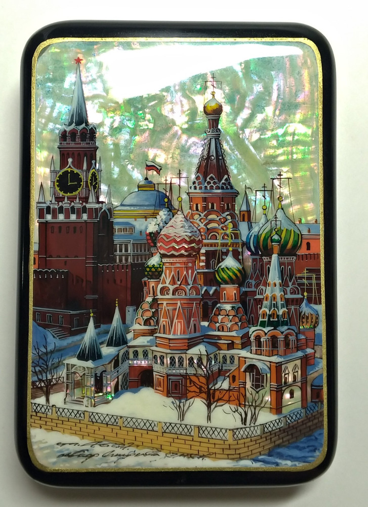 130x90 mm Moscow Snt Basil Cathedral and Red Square hand painted papier-mache lacquered Jewelry Box (by Tatiana Crafts)