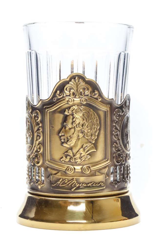 Pushkin Nickel Plated Brass Tea Glass Holder with Faceted Glass (by Kolchugino)