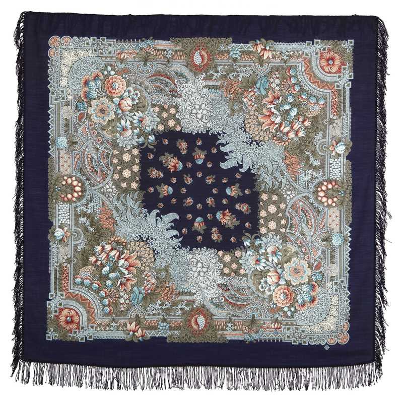 146x146 mm Velvet Night Woolen Shawl with Woolen Fringe Pavlovo Posad Manufactory
