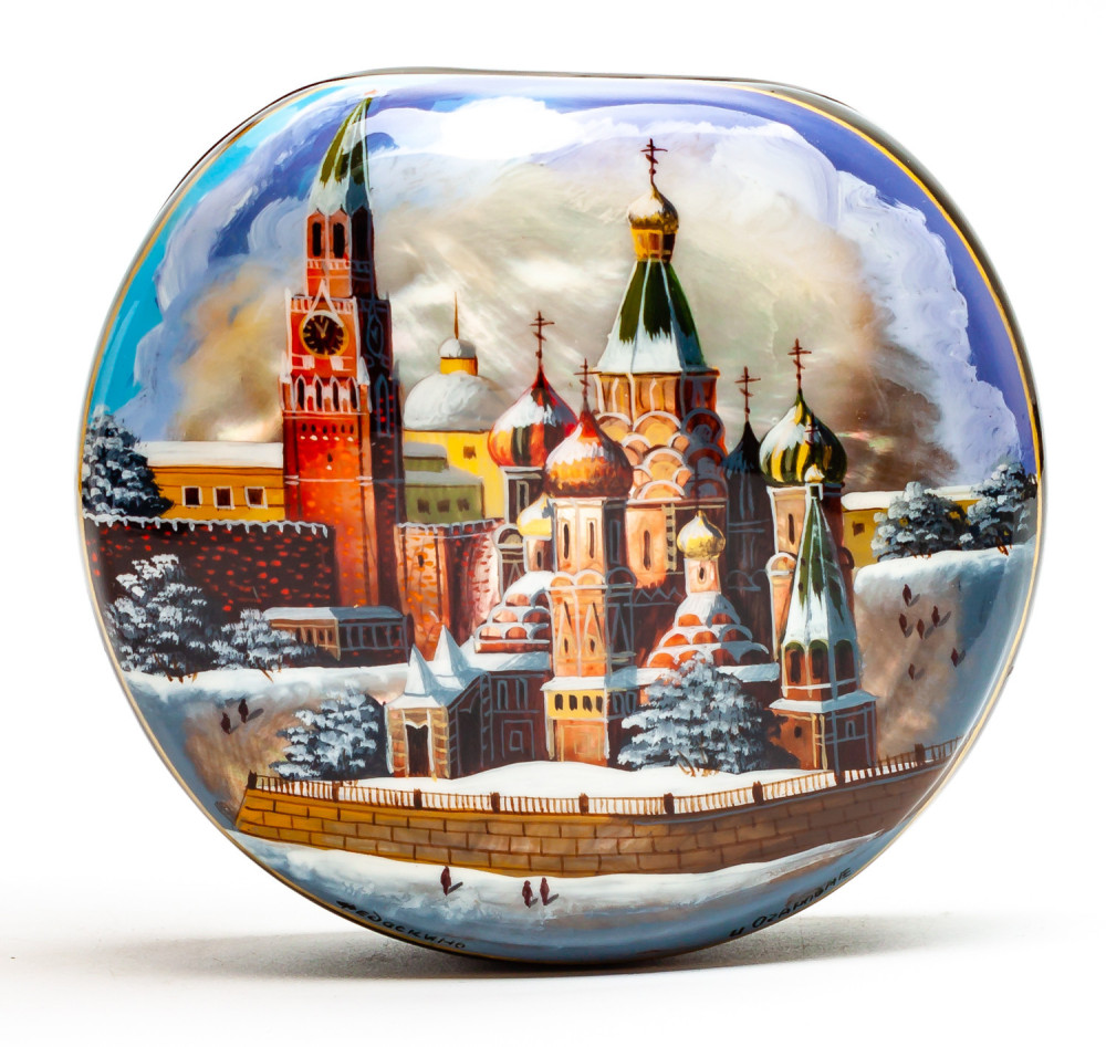 110x100mm The Moscow Kremlin Hand Painted Jewellery Box (by Tatiana Shkatulka Crafts)