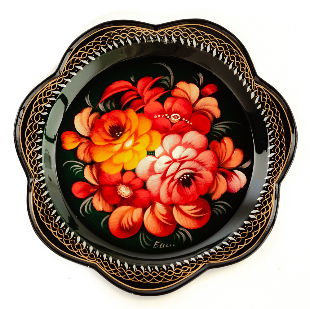 d 220 mm Zhostovo Patterns hand painted and lacquered Metal Forged Black Tray (by Lada Crafts)