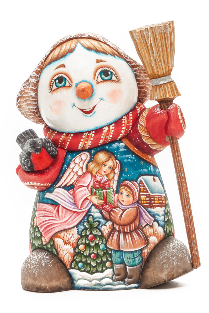 190 mm Snowman with hand painted Angel giving a Gift to a Boy wooden figurine (by Sergey Christmas Workshop)