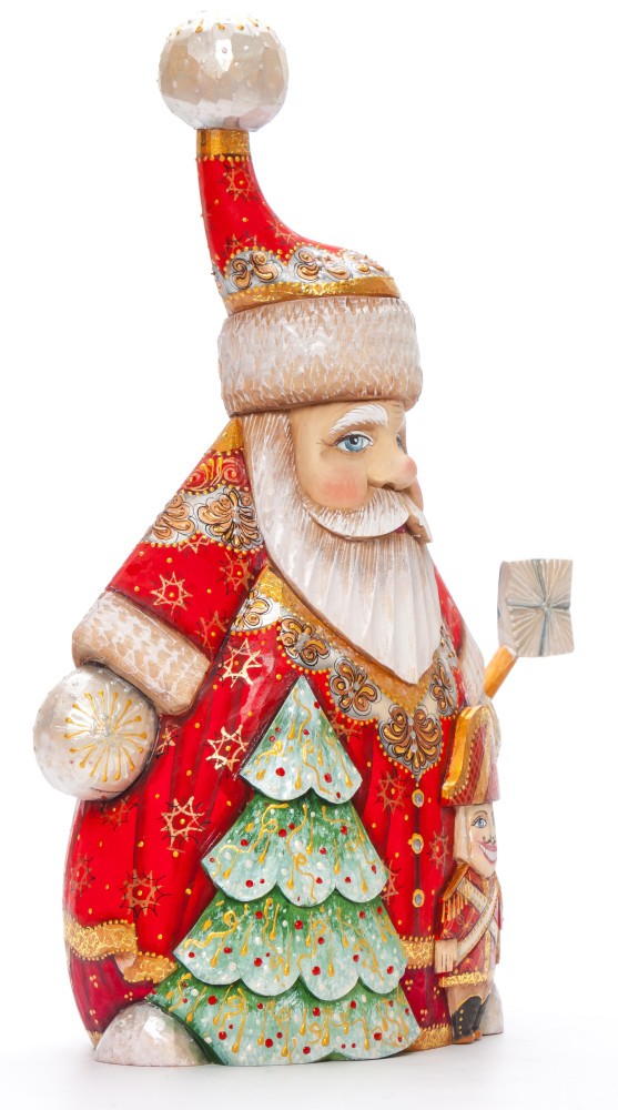 280 mm Santa with a Magic Staff and a Green Christmas Tree Carved Wood Hand Painted Collectible Figurine (by Igor Carved Wooden Figures Studio)