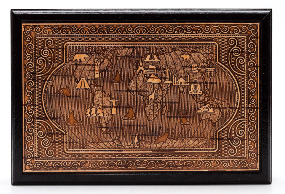 120x170 mm World Map hand made Birchbark Jewelry Box (by Maxim Birch)