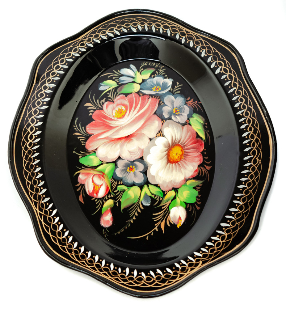 180x220 mm Zhostovo Patterns hand painted and lacquered Metal Forged Black Tray (by Lada Crafts)
