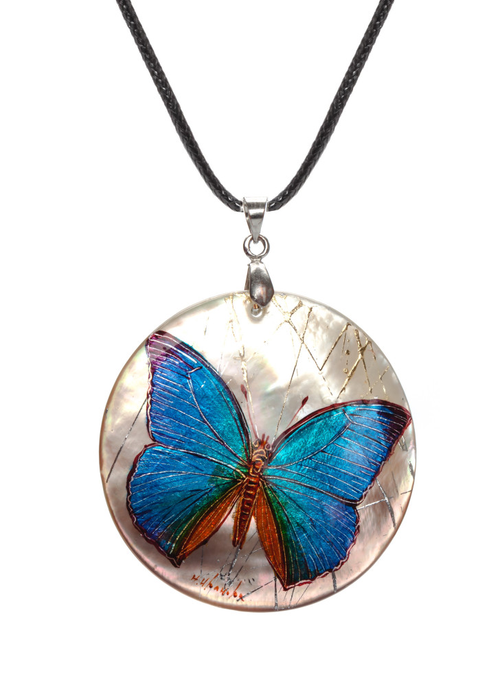  d40 mm Butterfly hand painted Nacre Pendant (by Tatiana Shkatulka Crafts)