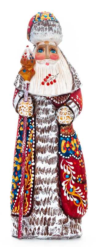 190 mm Santa with a Magic Staff and a Bag Carved Wood Hand Painted Collectible Figurine (by Natalia Nikitina Workshop)