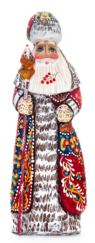 190 mm Santa with a Magic Staff and a Bag Carved Wood Hand Painted Collectible Figurine (by Natalia Nikitina Workshop)