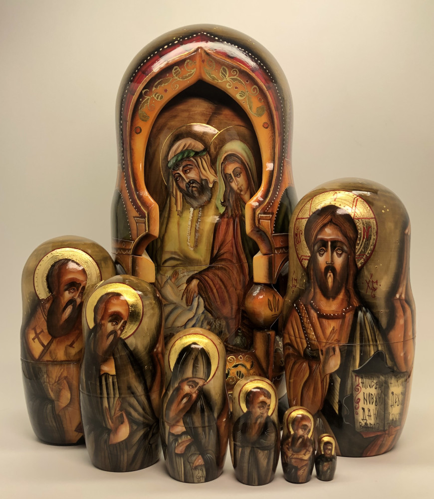 270 mm Russian Orthodox Icon hand painted on carved wooden Matryoshka doll 10 pcs (by Konstantin Studio)