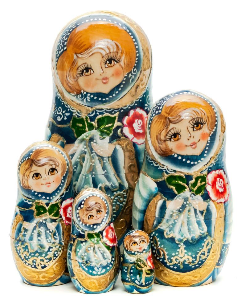 130 mm Girl with Scarlet Flower hand painted on Wooden Matryoshka doll 5 pcs (by Skazka)