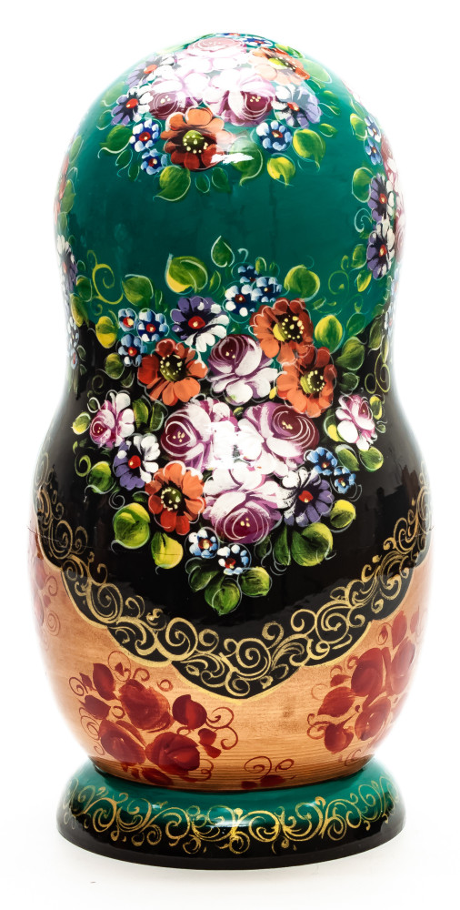240 mm Moscow Kremlin and Snt Basil Cathedral hand painted Matryoshka 5 pcs with Zhostovo ornaments on Scarves and Rhinestones (by Olga Zaitseva)