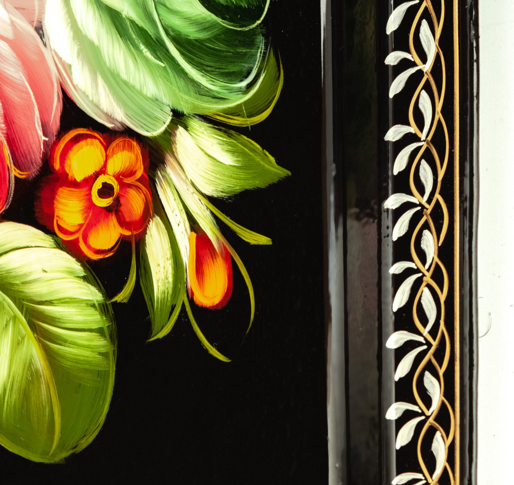 235x395 mm Zhostovo Patterns hand painted and lacquered by Anisimova Metal Forged Black Tray (by Lada Crafts)