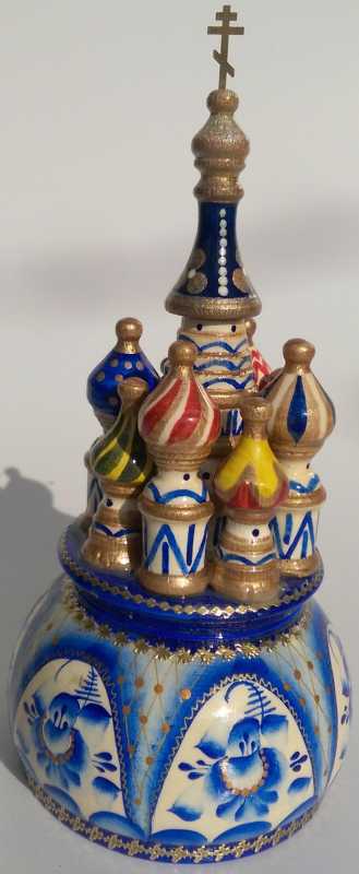 190 mm Saint Basil's Cathedral Gzhel Art hand painted Wooden Music Box (by Nightingale Crafts)