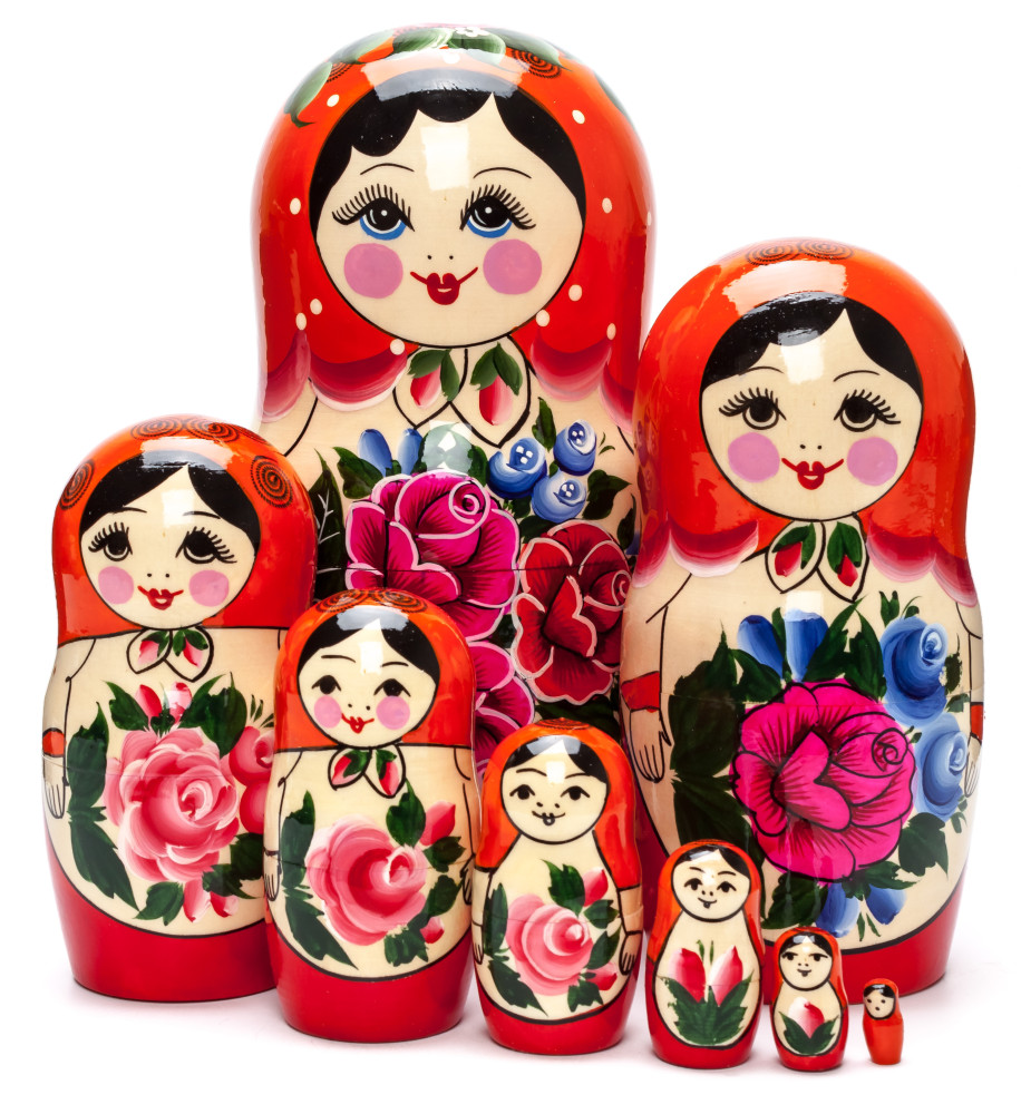 205 mm Orange Head Semenovskaya handpainted wooden Matryoshka Doll 8 pcs (by Ivan Studio)