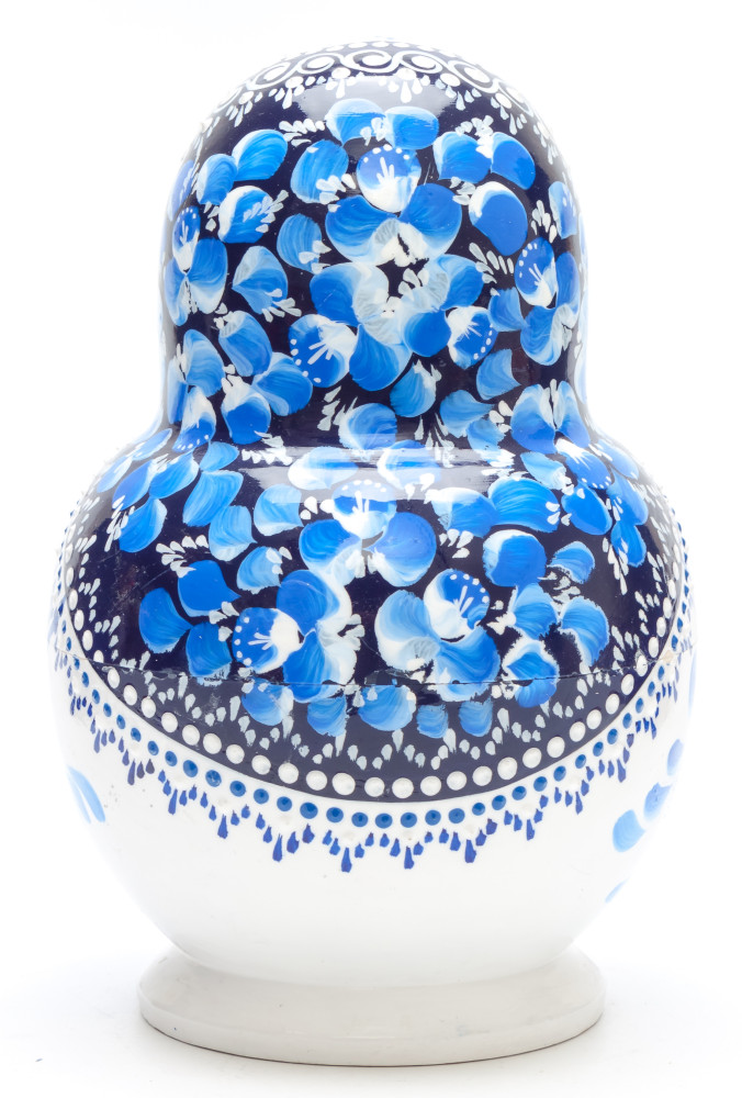 180 mm Gzhel patterns with bubbles hand painted wooden Matryoshka 15 pcs (by Valentina Studio)