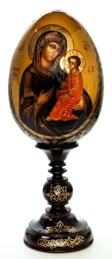  400 mm Tikhvinskaya Godmother hand painted on red colored wooden Egg with standby (by Tatiana Crafts)