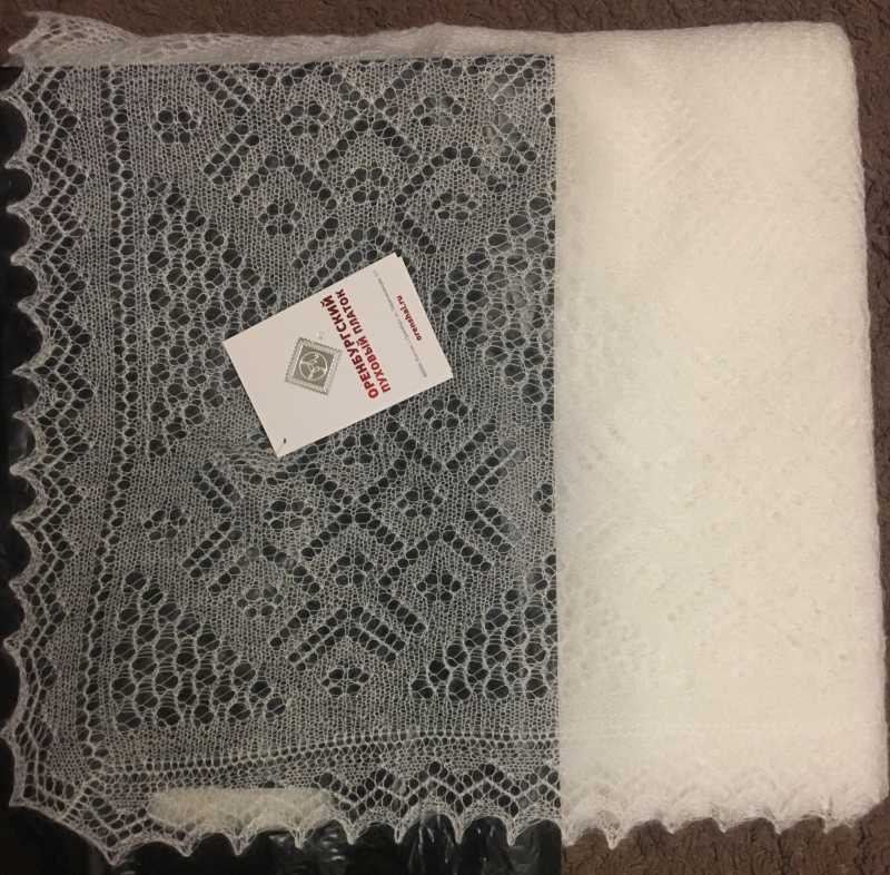 150x150 cm White Goat Down Hand Knitted Russian Orenburg Shawl (by Orenburg Factory)