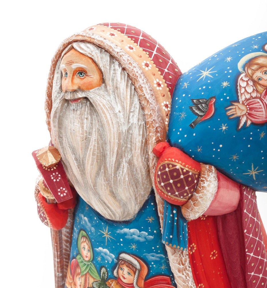 220 mm Santa with a Magic Staff and a Bag with hand painted Kids playing at the Green Christmas Tree Carved Wood Collectible Figurine (by Sergey Christmas Workshop)
