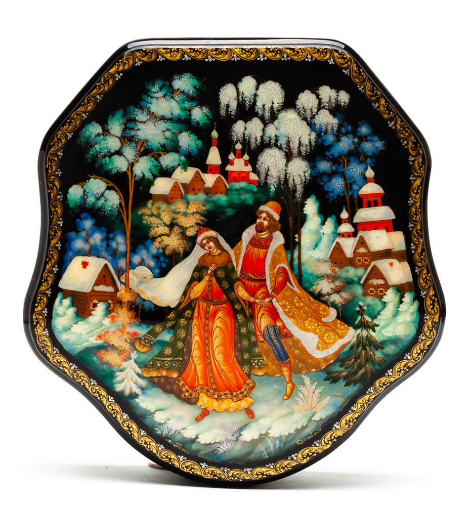 150x160mm Ruslan and Lydmila hand painted lacquered box from Palekh (by Pavel Studio)