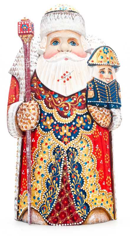 250 mm Santa with a Magic Staff and a Nutcracker Carved Wood Hand Painted Collectible Figurine  (by Natalia Nikitina Workshop)