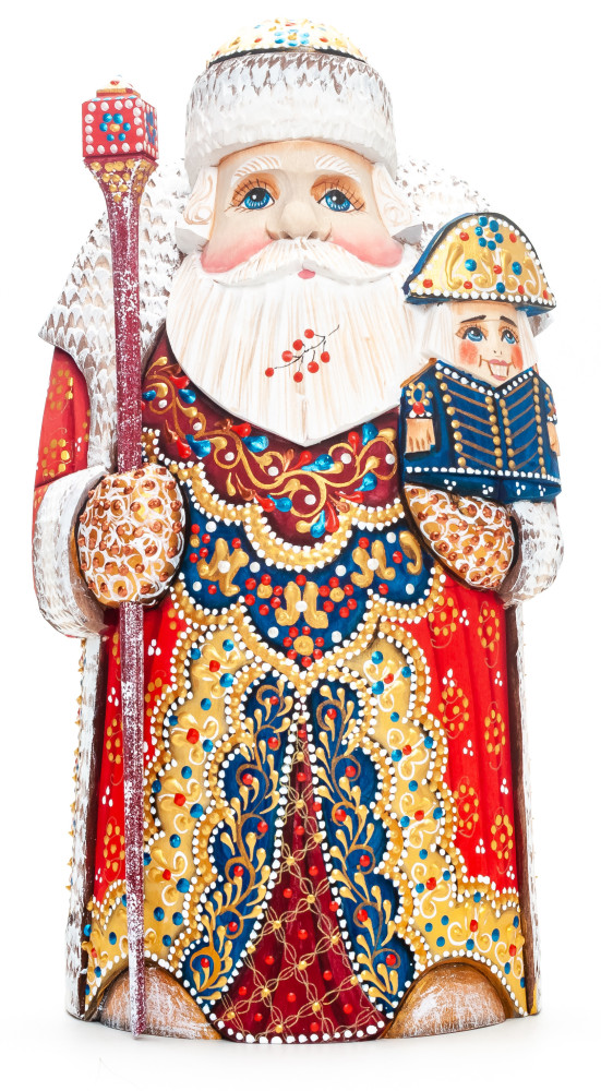 250 mm Santa with a Magic Staff and a Nutcracker Carved Wood Hand Painted Collectible Figurine  (by Natalia Nikitina Workshop)