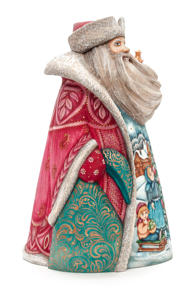 220 mm Santa with a Magic Staff and a Bag with hand painted Angel giving a Gift to the Kids Carved Wood Collectible Figurine (by Sergey Christmas Workshop)