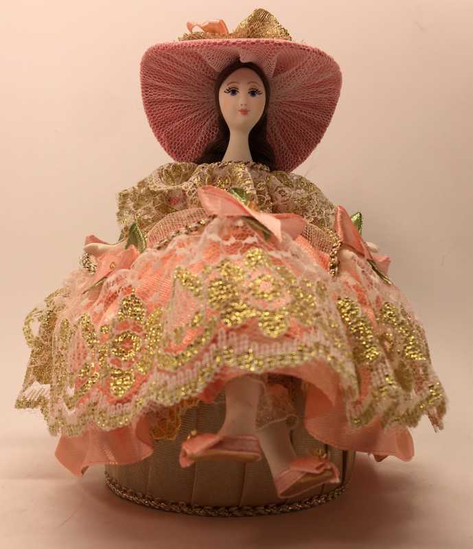 Girl in a nice Summer Hat and Dress sitting on Jewelry Box (hand-sewn Doll by Le Russe)