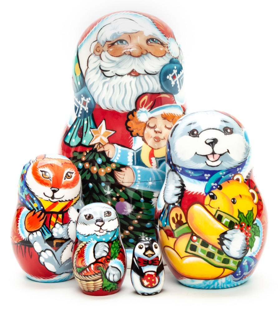 85 mm Santa Claus and Green Tree Hand Painted Matryoshka Doll 5 pcs (by Vasily Crafts)