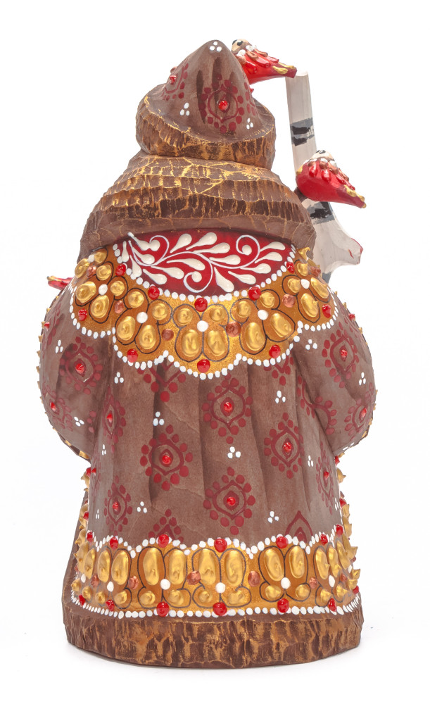 150 mm Santa with a Magic Staff and Birds Carved Wood Hand Painted Collectible Figurine (by Natalia Nikitina Workshop)