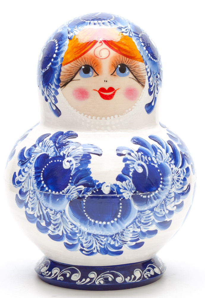 150 mm Gzhel Patterns hand painted Wooden Matryoshka 10 pcs (by Tatiana Dolls Studio)