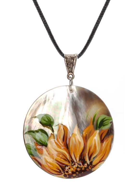 d50 mm Sunflower hand painted Nacre Pendant (by Tatiana Shkatulka Crafts)