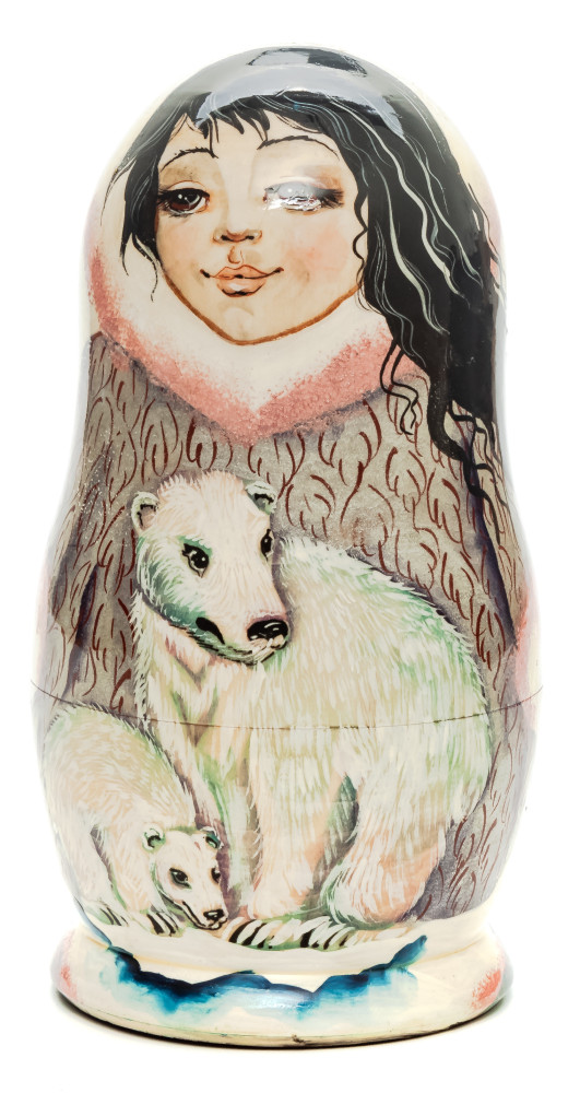 160 mm Escimo Girl with Bears hand painted on Wooden Matryoshka doll 5 pcs (by Valeria Crafts)