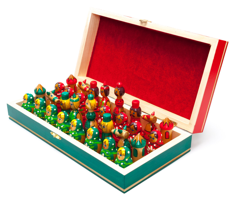 Wooden Chess Board with Golden Ring of Russia Hand Painted Chess Pieces