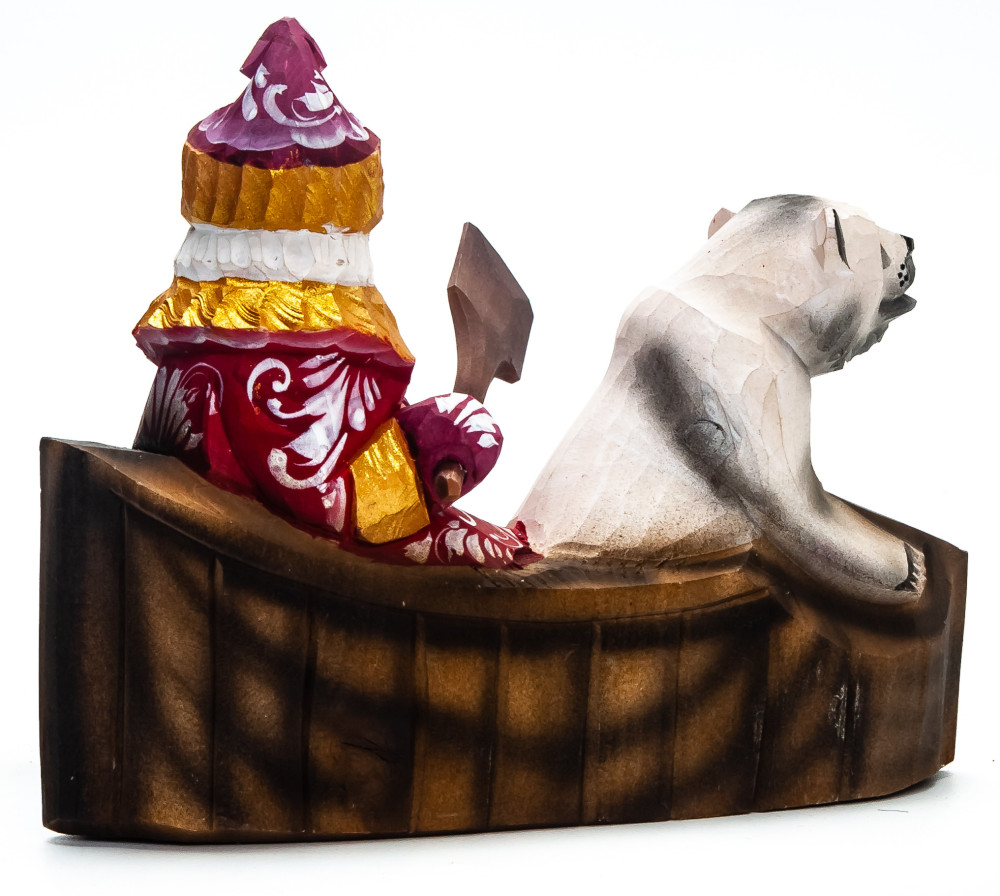 120 mm Santa Sailing a Boat with a Bear Carved Wood Hand Painted Collectible Figurine (by Igor Carved Wooden Figures Studio)