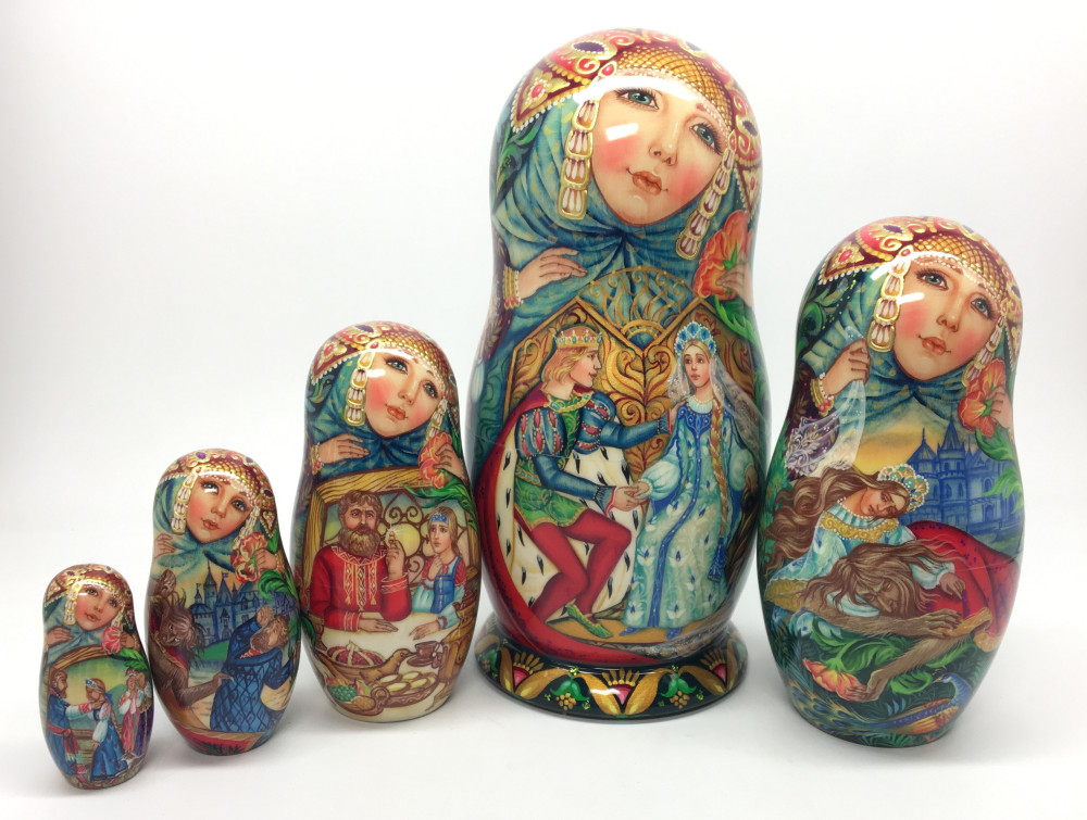 170 mm The Scarlet Flower Fairytale hand painted Russian Matryoshka Doll 5 pcs (by Olga Solovey)