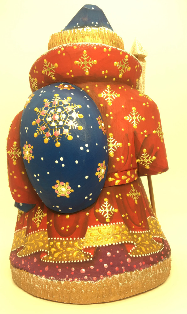 170 mm Santa Claus with a Blue Bag of Christmas Gifts on his shoulder and with a Magic Staff Carved wooden figure, hand-painted (by Igor Wood Carving Figures Studio)