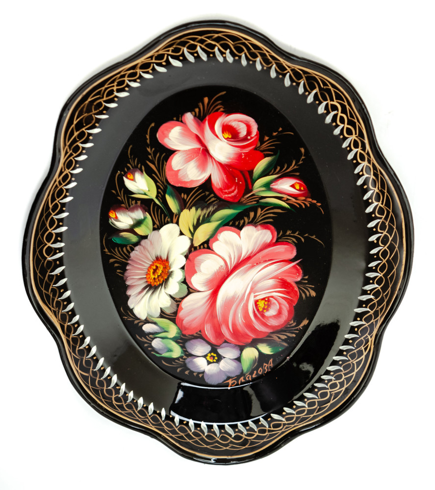 180x220 mm Zhostovo Patterns hand painted and lacquered by Blagova Metal Forged Carmine Tray (by Lada Crafts)
