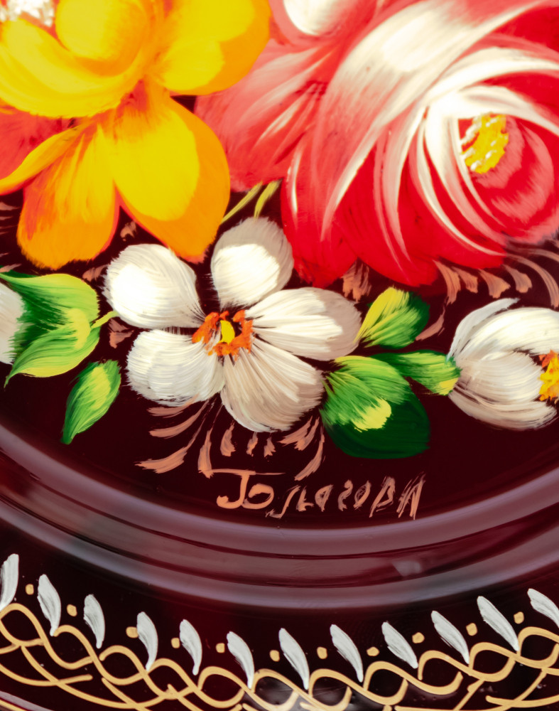  d 180 mm Zhostovo Patterns hand painted and lacquered by Blagova Metal Forged Carmine Tray (by Lada Crafts)