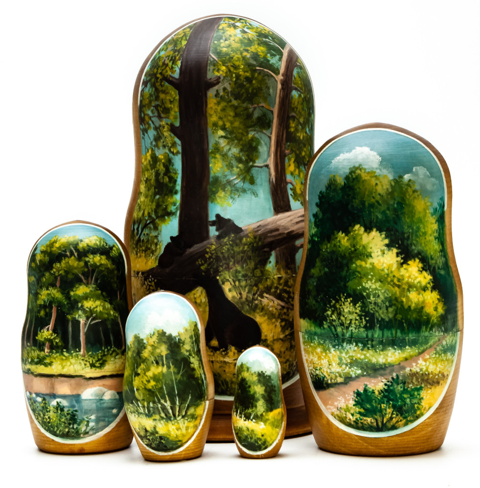 180 mm Morning in a Pine Forest by Shishkin and Savitsky hand painted on wooden Matryoshka doll 5 pcs (by Alexander Famous Paintings Studio)