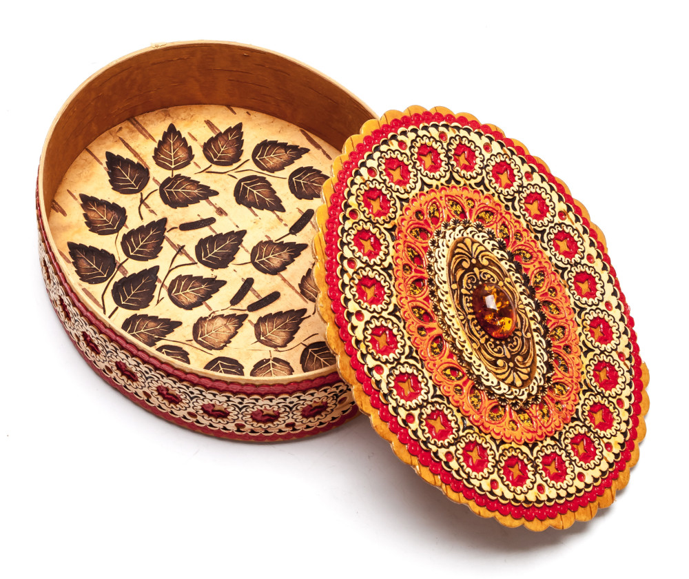 110x130 mm Siberian Patterns hand made Birchbark Jewelry Box (by Maxim Birch)