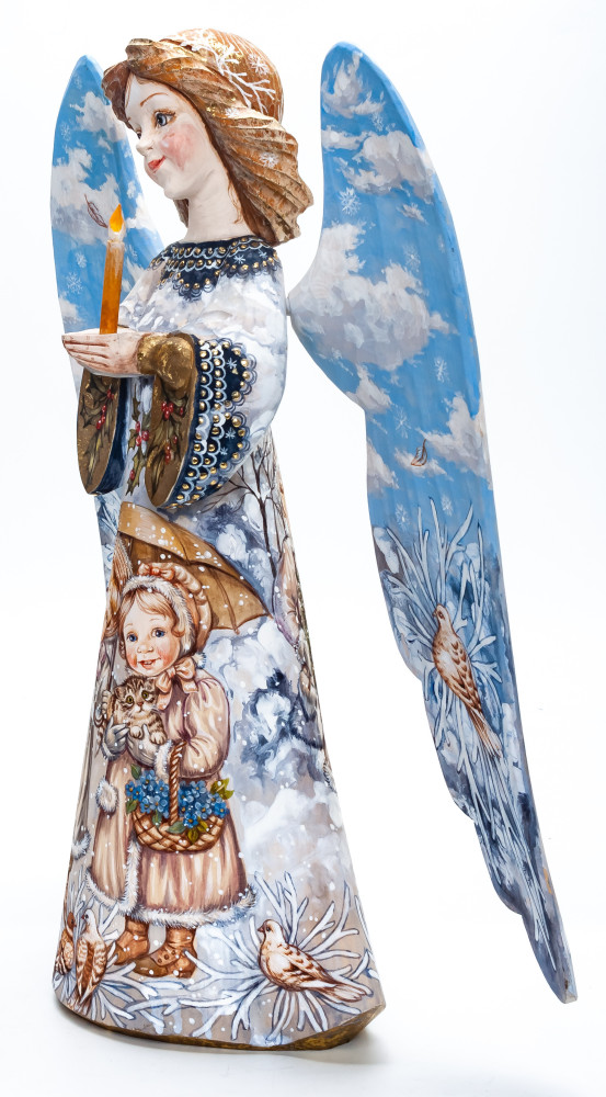 340 mm Mother Angel with a Candle and Children hand painted wooden figurine (by Polar Bear Studio)