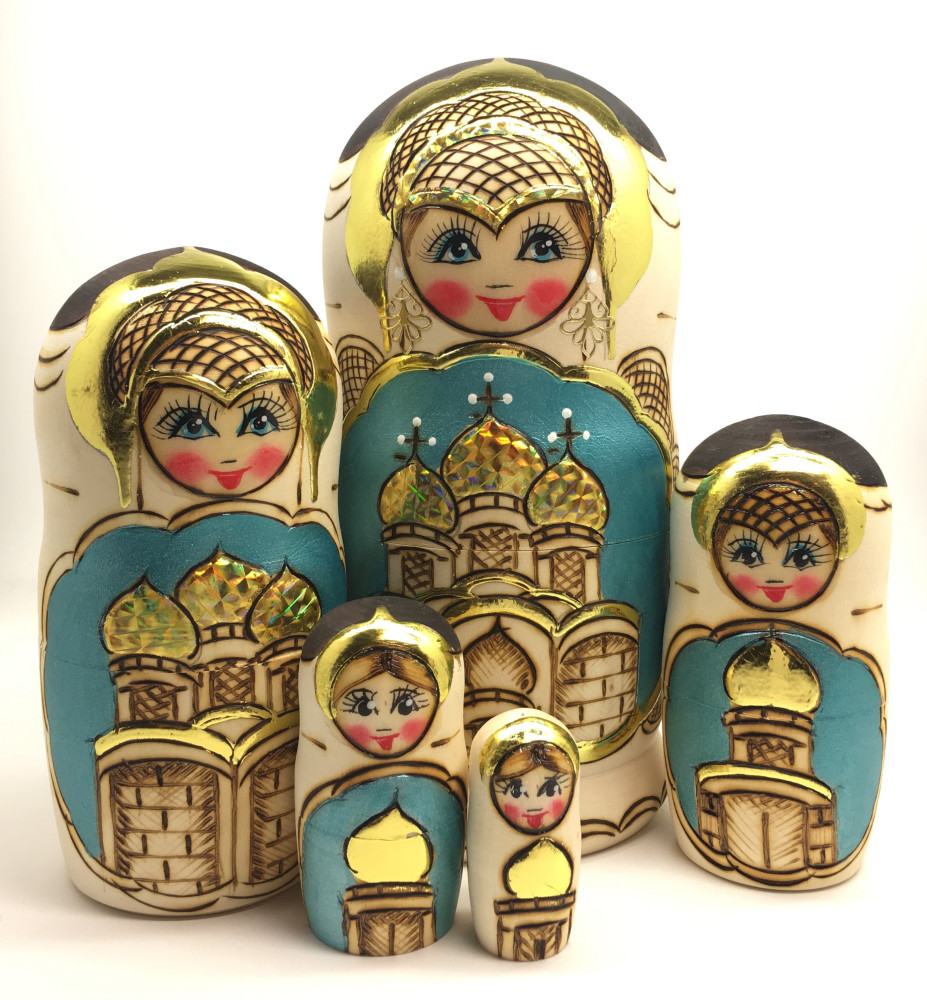 190 mm Moscow Cathedral Burnt Wood Matryoshka Doll 5 pcs inside (by Tabrik Studio)