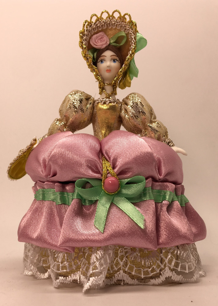 Girl with Fan in a nice Hat and dress of the 18th century style hand-sewn Doll with Jewelry Box (by Le Russe)