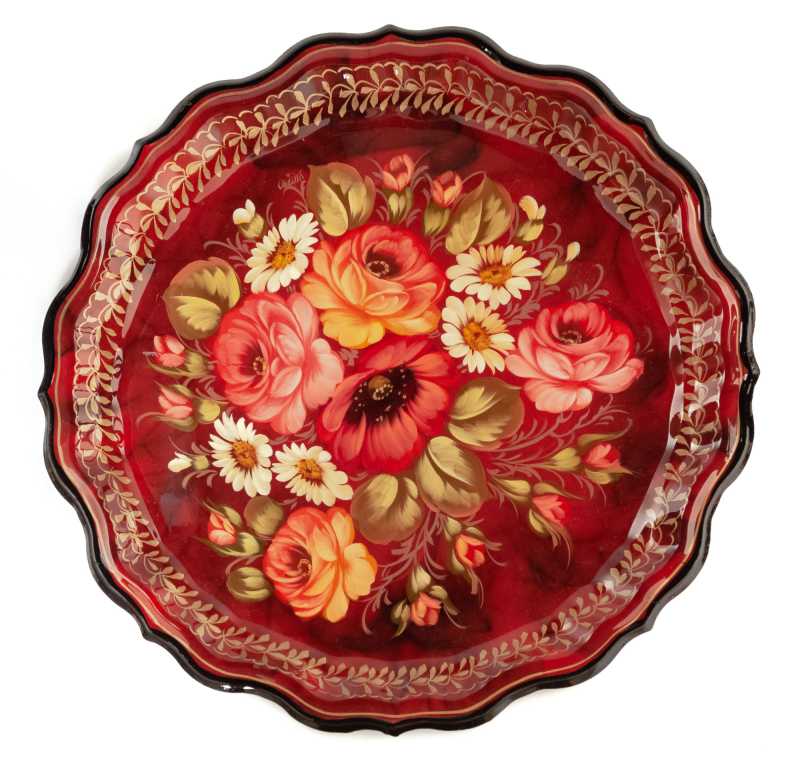 d 370 mm Zhostovo Patterns hand painted and lacquered by Hitrova Metal Forged Tray (by Lada Crafts)