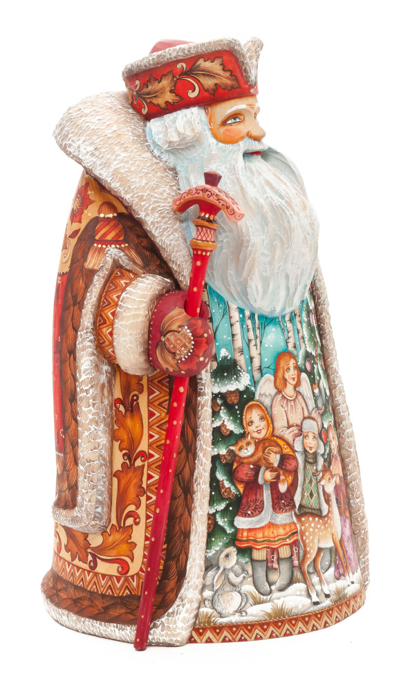 300 mm Santa with a Magic Staff and a Bag with hand painted Angel with Kids Carved Wood Collectible Figurine (by Sergey Christmas Workshop)